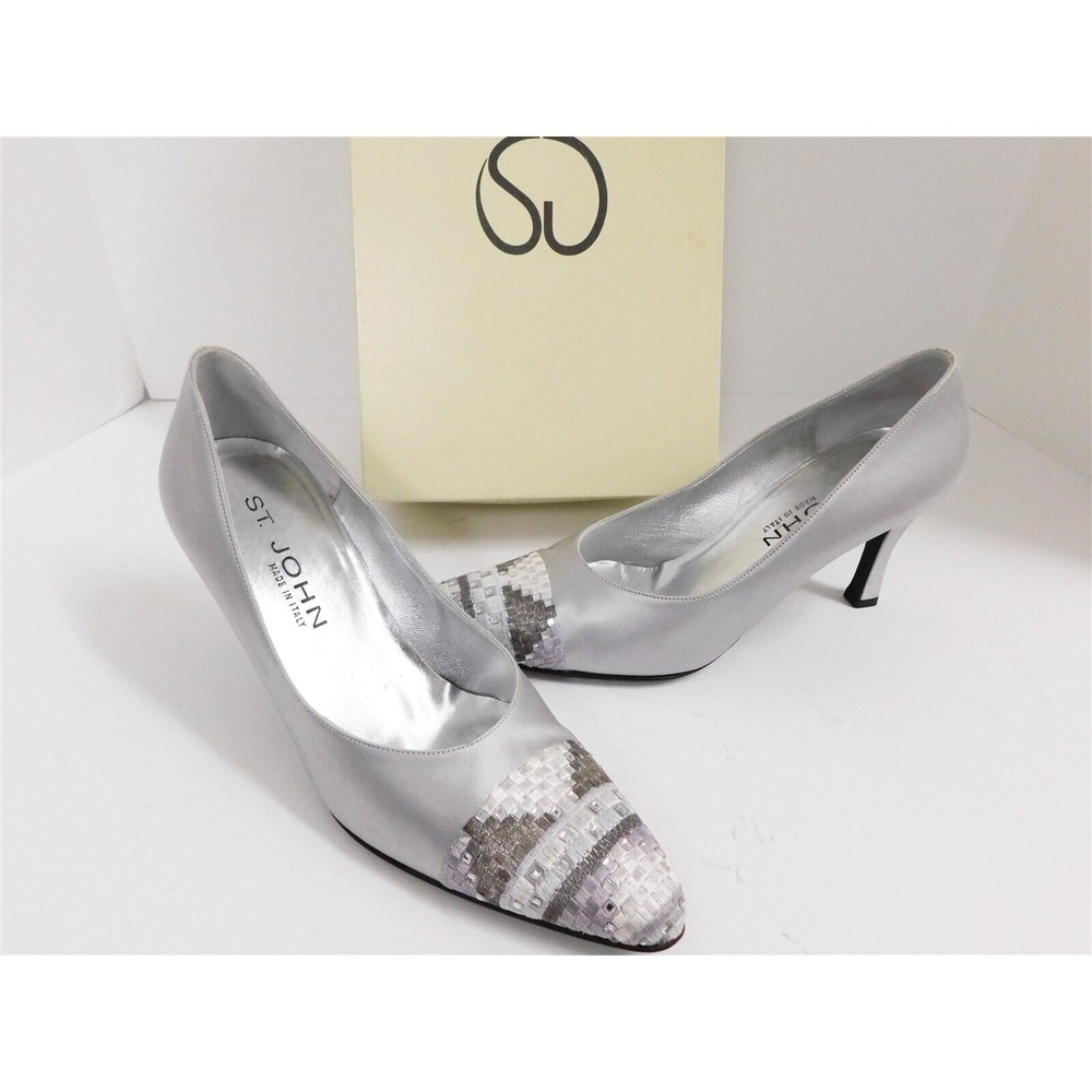 St John Linea Silver‎ Embroidered Jeweled Toe Cap Pumps Heels Italy 6.5 B